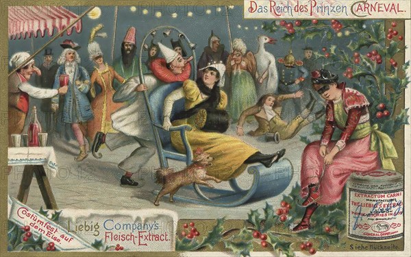 Picture series Im Reich des Prinzen Carneval, costume party on the ice, Liebig picture, digitally restored reproduction of a collector's picture from around 1900, public domain, exact date unknown, people in costumes tobogganing on a sledge across an ice rink