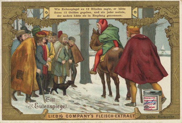 Picture series German fairy tales, Till Eulenspiegel, Liebig picture, digitally restored reproduction of a collector's picture from around 1900, public domain, exact date unknown, Till Eulenspiegel tells a mischievous story to blind men in the forest