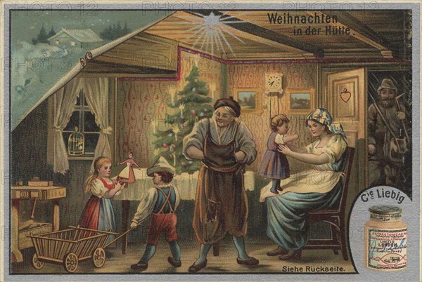 Picture series famous Christmas, in the hut, Liebig picture, digitally restored reproduction of a collector's picture from around 1900, public domain, exact date unknown, family celebrating Christmas in a rural hut with Christmas tree and festive joy