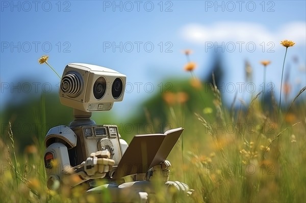 AI learning concept, a cute robot reading a book in a summer meadow. The image captures the harmony between nature and technology