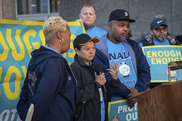 Detroit, Michigan USA, 6 November 2023, Postal workers rally to protest the increasing number of assaults and robberies that letter carriers are facing. Tran Do, a city carrier assistant, tells how she was robbed while on the job. The National Association of Letter Carriers union reports more than 2, 000 assaults on their members since 2020