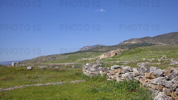 Remains, ruins in Hierapolis, in the background ruins of the ancient theatre Hieropolis, near Pamukkale, Denizli, Western Turkey, Turkey, Asia