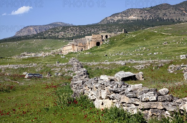 Remains, ruins in Hierapolis, in the background ruins of the ancient theatre Hieropolis, near Pamukkale, Denizli, Western Turkey, Turkey, Asia