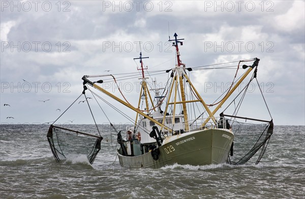 Fishing boat, trawler on the North Sea towing fishing nets, Ostend, Belgium, Europe