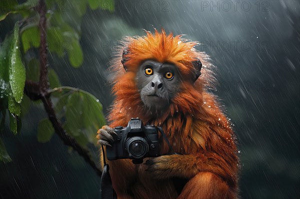 Titi monkey holding a camera under a heavy shower in the rainforest, AI Generated