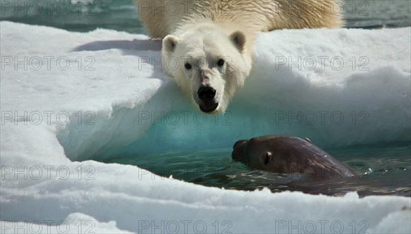 A polar bear at an ice hole on the hunt for a seal in the polar region, AI generated