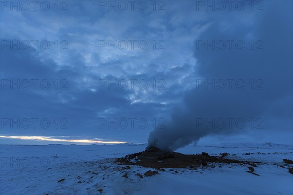 Mud pot with steam source at dawn, Hverir solfatar field, fumaroles, snow-covered geothermal area, Northern Iceland Eyestra, Iceland, Europe