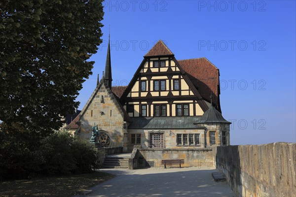 View from the bastion to the Fürstenbau and the Luther Chapel of Veste Coburg, Upper Franconia, Bavaria, Germany, Europe