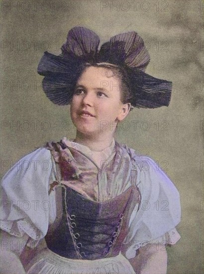 Girl in traditional traditional costume from Merano, South Tyrol, Italy, Historical, digital reproduction of an original from the 19th century, original date not known, Europe