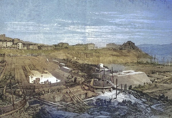 Construction site of the new port of La Spezia in 1868, Liguria, Italy, Historic, digitally restored reproduction of an original 19th century painting, exact original date unknown, Europe