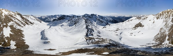 Alpine panorama, Mitterzeigerkogel, aerial view, peaks and mountains in winter, Sellraintal, Kühtai, Tyrol, Austria, Europe