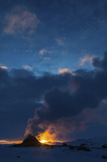 Mud pot with steam source at sunrise, Hverir solfataras field, fumaroles, snow-covered geothermal area, Northern Iceland Eyestra, Iceland, Europe