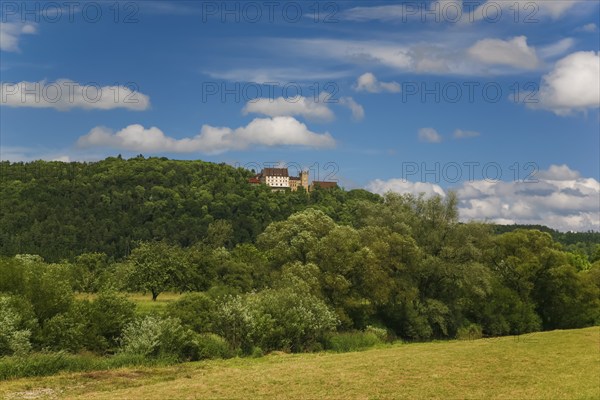 Weitenburg Castle, romantic hotel, historic building, residential castle in various architectural styles, Renaissance, Baroque, Neo-Gothic, cloudy atmosphere, Starzach, Neckar Valley, Baden-Württemberg, Germany, Europe