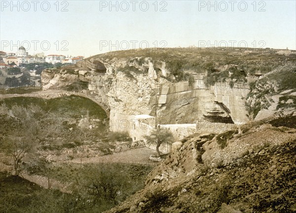 The grotto of Jeremiah, Jerusalem, Holy Land, Israel, c. 1890, Historic, digitally restored reproduction from a 19th century original, Jeremiah's grotto, Holy Land, 1890, Historic, digitally restored reproduction from a 19th century original, Asia