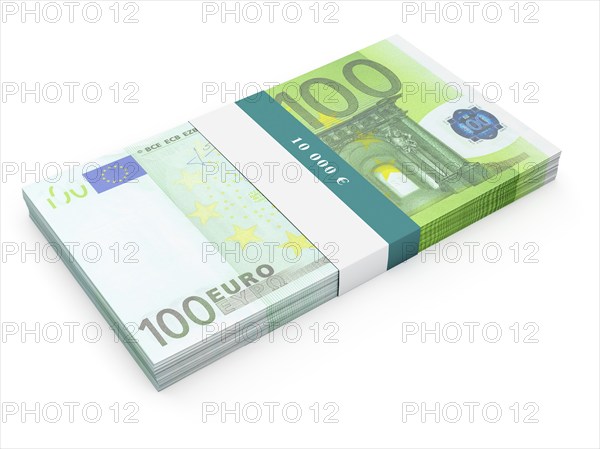 Creative business finance making money concept, bundle of hundred euro banknotes bills isolated on white background