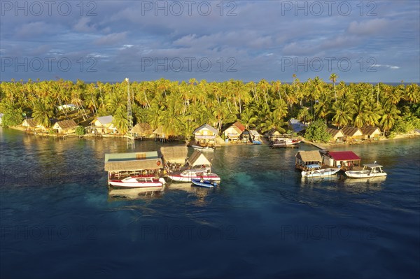 Aerial view, Tetamanu Village, at South Pass, South Channel, spectacular dive site, Tetamanu Island, Fakarava Atoll, Tuamotu Archipelago, Tahiti, Society Islands, Leeward Islands, French Polynesia, Oceania