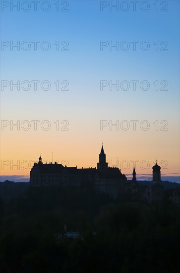 Hohenzollern Castle Sigmaringen, former princely residence and administrative centre of the Princes of Hohenzollern-Sigmaringen, city castle, architecture, historical building, west view, light mood, black silhouette, Sigmaringen, Upper Swabia, Baden-Württemberg, Germany, Europe