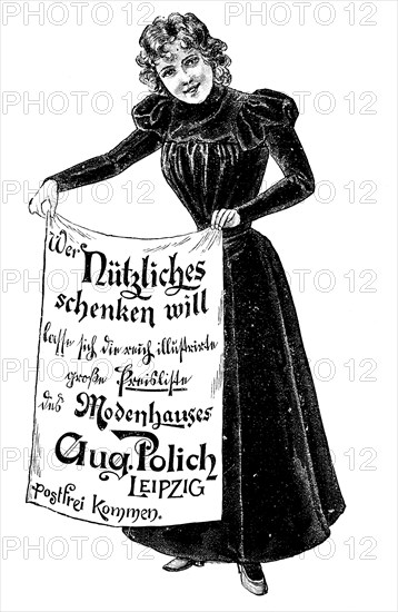 Advertisement of the company Polich, Leipzig, fashion house with delivery service, 1890, Germany, Historic, digitally restored reproduction of an original from the 19th century, exact original date not known, Europe