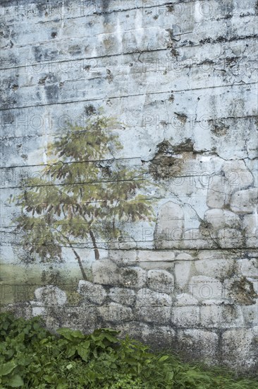 Camouflage painting on rear of gun casemate, artillery bunker of WWII Batterie d'Azeville Battery, part of German Atlantic Wall, Normandy, France, Europe