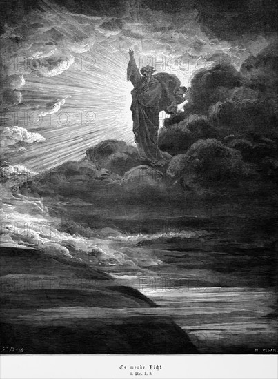 Bible, let there be light, Genesis 1, 3, God, creation, rays of light, sky, clouds, brightness, Moses, bright sky, Old Testament, historical illustration 1885