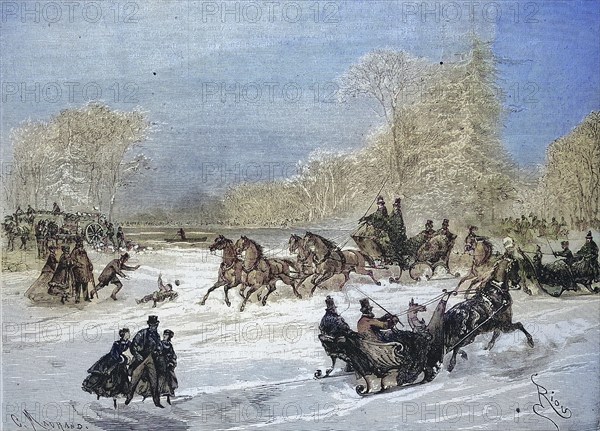 Sleigh Rides in Bois de Boulogne, Horse-drawn Sleighs and Skaters on the Frozen River, 1869, France, Historic, digitally restored reproduction of a 19th century original, exact original date unknown, Europe