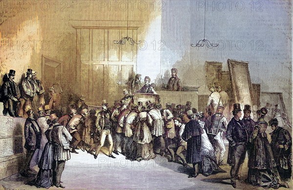 A Sale of Paintings at the Auction House, 1869, Paris, France, Historical, digitally restored reproduction of a 19th century original, Europe