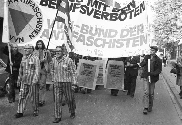 Nazi victims, some in concentration camp uniforms, demonstrated against the occupational bans caused by the Radical Decree on 23 October 1975 in Bonn. The call was made by the Association of Persecuted Persons of the Nazi Regime (VVN), Germany, Europe