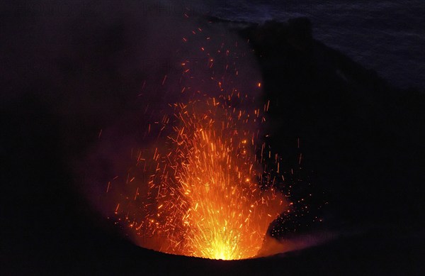 Eruption of layer volcano Stromboli at night, Stromboli Island, Lipari Islands, Italy, Europe