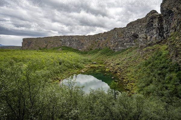 Asbyrgi Canyon, Lake Botnstjörn, Lake on a cliff, Icelandic Highlands, Iceland, Europe