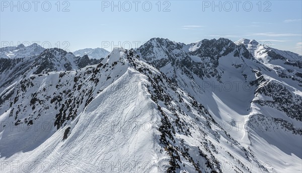 Mitterzeigerkogel, aerial view, peaks and mountains in winter, Sellraintal, Kühtai, Tyrol, Austria, Europe