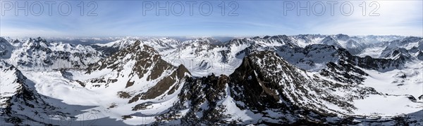 Alpine panorama, Sulzkogel, aerial view, peaks and mountains in winter, Sellraintal, Kühtai, Tyrol, Austria, Europe