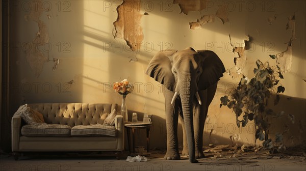 The elephant in the room, A decaying and neglected room. generative AI