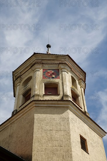 Brenz Castle, Renaissance castle from the 17th century, tower, clock, detail, landmark of the municipality of Sontheim an der Brenz, the oldest local history museum in Baden-Württemberg, local history, rural life, geological, palaeontological, local history collection, architecture, historic building, district of Brenz an der Brenz, Sontheim an der Brenz, Heidenheim district, Baden-Württemberg, Germany, Europe