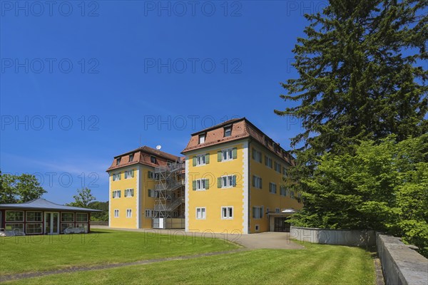 Grafeneck Castle, former hunting lodge of the Dukes of Württemberg around 1560, later summer residence of Duke Carl Eugen von Württemberg, Grafeneck killing centre during the Third Reich, today home for the disabled run by the Samaritan Foundation and memorial site, documentation centre, historical building, architecture, external fire escape, fire safety regulations, Gomadingen-Grafeneck, Swabian Alb, Baden-Württemberg, Germany, Europe