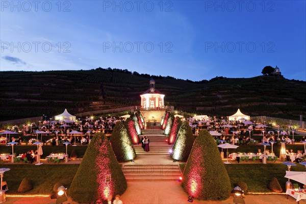 Summer night ball at Wackerbarth Castle. Schloss Wackerbarth or Wackerbarths Ruh' is a baroque castle surrounded by vineyards in the Niederlößnitz district of Radebeul on the road to Meissen, which serves as the seat of the Saxon State Winery. The winery belongs to the large Lößnitz vineyard and is located in the single vineyard Radebeuler Johannisberg