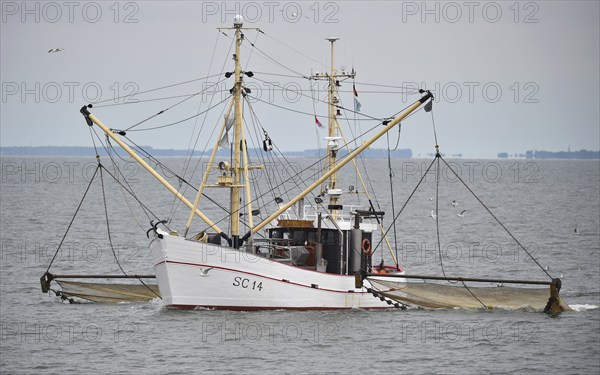 Crab cutter has displayed its nets in the North Sea, Büsum, Germany, Europe