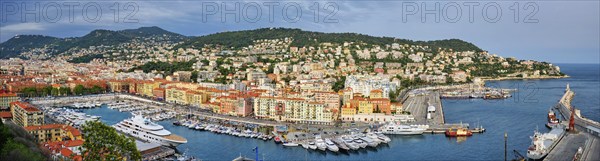 Panorama of Old Port of Nice with luxury yacht boats from Castle Hill, France, Villefranche-sur-Mer, Nice, Cote d'Azur, French Riviera, Europe