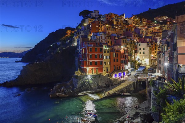 Fishing village of Riomaggiore, blue hour, Cinque Terre, province of La Spezia, Liguria, Italy, Europe