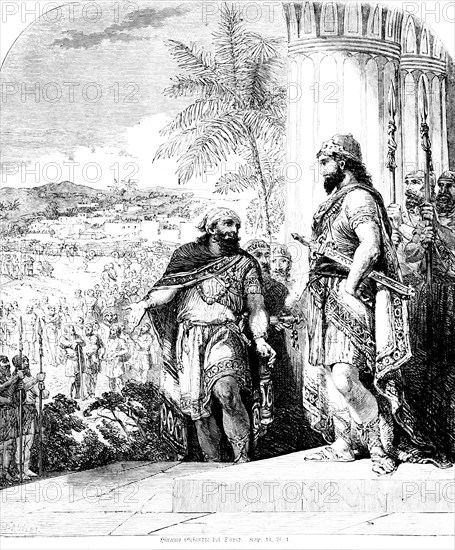 Hiram's Envoy to David, King to Thyrus, Messenger, Cedar, Mason, Carpenter, Building a House, Crowd, Warrior, Weapons, Bible, Old Testament, First Book of Chronicles, Chapter 14, Verse 1, historical illustration c. 1850