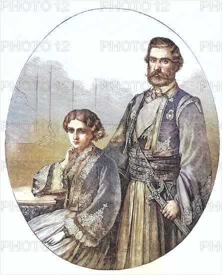 Mihailo Obrenovic III. 16. September 1823, 10. June 1868, Serbian Prince from 1839 to 1842 and from 1860 to 1868 and his woman Julia Countess Hunyady of Kethely (1831-1919), Historical, digitally restored reproduction of an original from the 19th century, exact original date not known