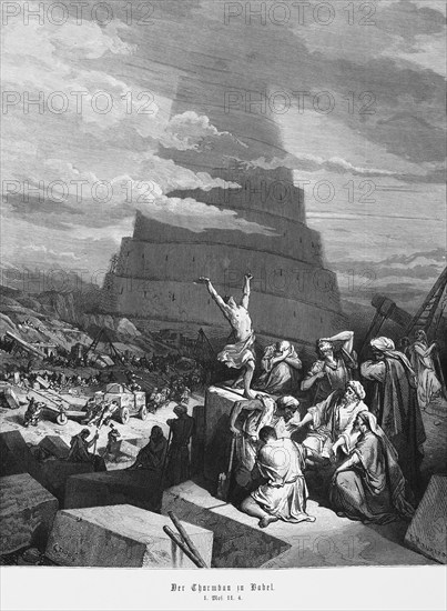 Bible, Tower of Babel, Genesis, 11, 4, crowd, construction, round tower, Babylon, confusion of languages, workers, high, sky, clouds, gigantic, arrogance, chariot, transport, building crane, Moses, Old Testament, historical illustration 1885