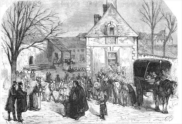 Distribution of bread to the poor of Augerville, on the day of the funeral of Pierre-Antoine Berryer (4 January 1790) (29 November 1868), French lawyer and politician, France, Historic, digitally restored reproduction of a 19th century original, exact original date not known, Europe