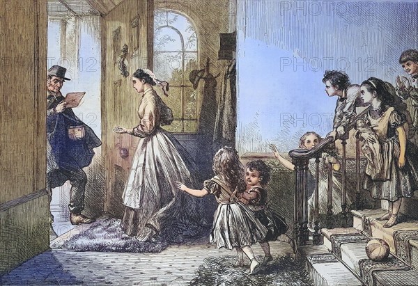 The arrival of the postman at the chateau, the family impatiently awaits a letter, 1869, France, Historic, digitally restored reproduction of an original 19th-century master, exact original date unknown, Europe