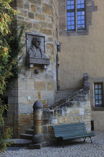 Veste Coburg, the stone relief of Martin Luther on the Luther Chapel, Coburg, Upper Franconia, Bavaria, Germany, Europe