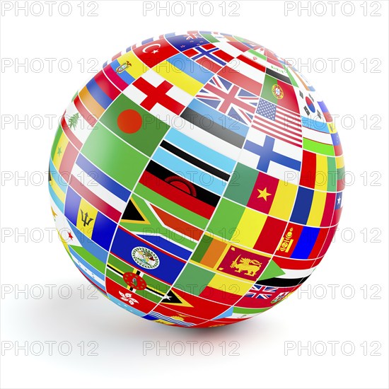 ThreeD globe sphere with flags of the world on white