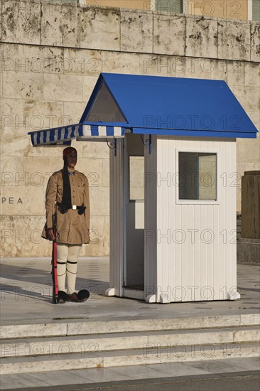 ATHENS, GREECE, MAY 20, 2010: Presidential ceremonial guard Evzone in front of the Monument of the Unknown Soldier near Greek Parliament, Syntagma square, Athenes, Greece, Europe