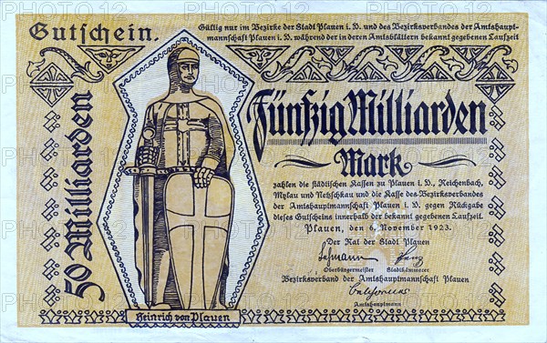 Emergency money, 50 billion marks, inflation 1923, Plauen, Saxony, Germany, Historic, digitally restored reproduction of an original from that time, exact original date not known, Europe