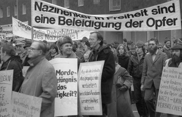 Organisations of French Jews and German Nazi victims demonstrated for a condemnation of Gestapo and SS man Kurt Lischka, who was responsible for the deportation of 76, 000 Jews in France during the war, in Cologne, Germany, 31 January 1980, Europe