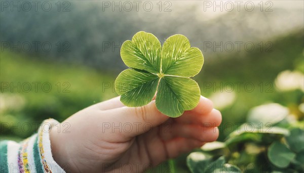 A child's hand holds a green shamrock, symbolising happiness and harmony in nature, AI generated, AI generated