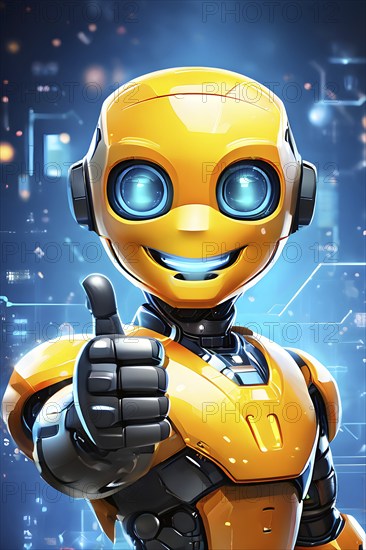 Friendly smiling yellow robot with a thumb up symbolizing artificial intelligence, AI generated